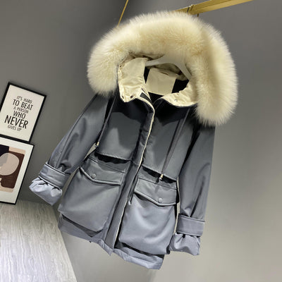 Fashion Hooded Faux Fur Collar Women's Clothing Big Pocket Down Jacket Female Winter Coat Woman