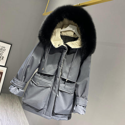 Fashion Hooded Faux Fur Collar Women's Clothing Big Pocket Down Jacket Female Winter Coat Woman