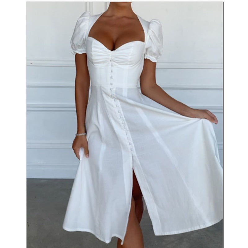 Wrapped chest cloth buttoned high waist split dress